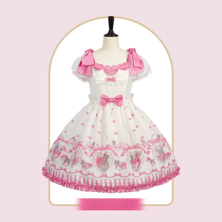 3 Colors Available Kitten Heart Lolita JSK & OP - Sweet Classic Bow Edition