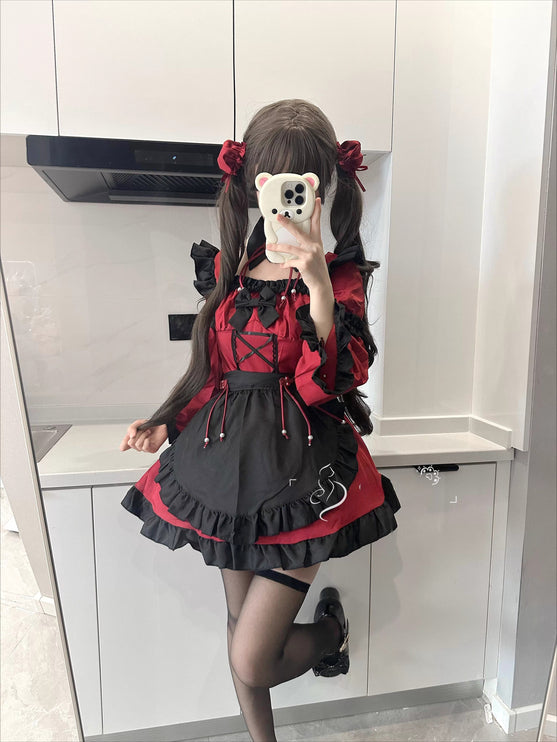 Gothic - Lolita Dress: Red & Black Charm with Frills and Lace - Up Detail
