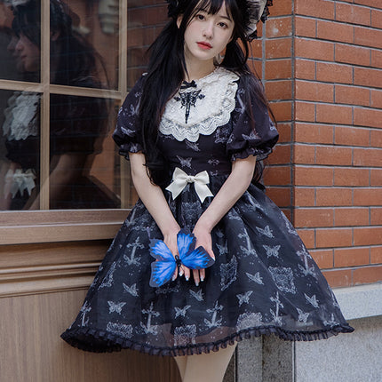 Stage Butterfly Pattern Embroidered Floral Print Natural Flounce Detachable Sleeves OP Lolita Dress