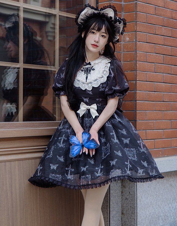 Stage Butterfly Pattern Embroidered Floral Print Natural Flounce Detachable Sleeves OP Lolita Dress