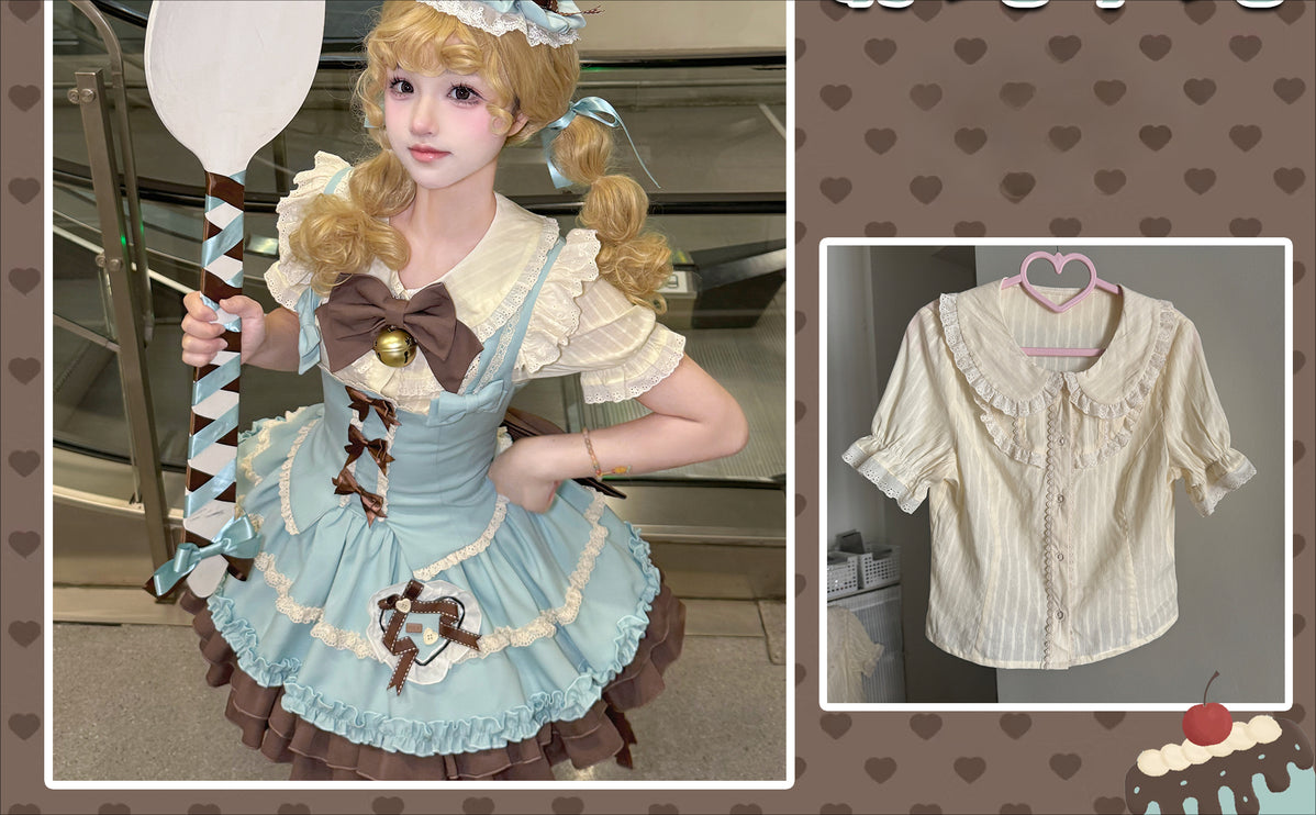 Whimsical Lolita Dress with Ruffled Skirt and Delicate Lace Trims