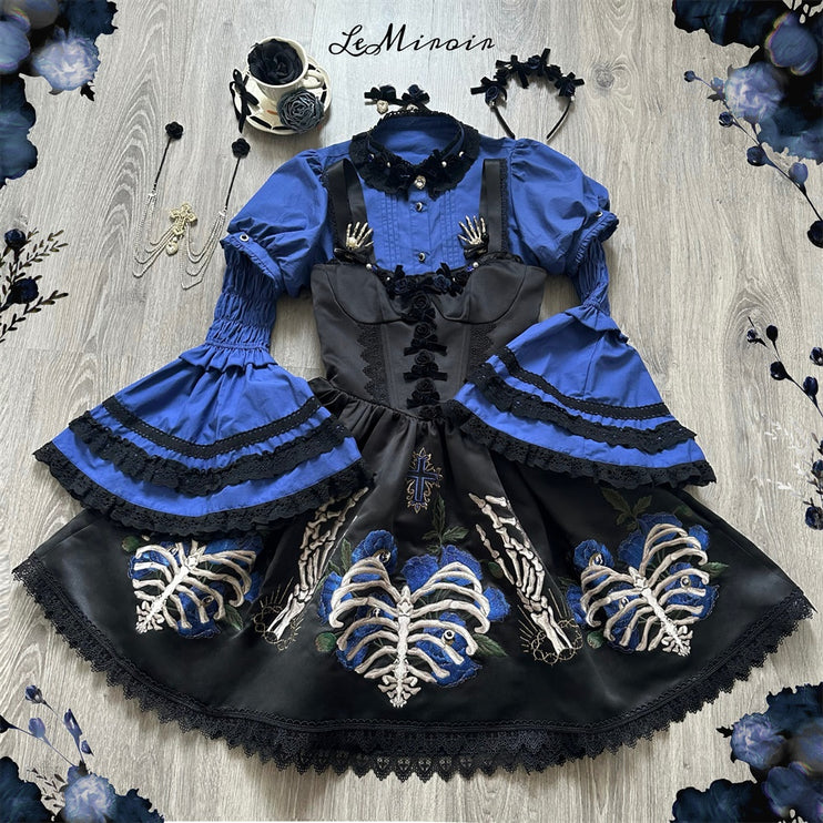 S-XL Skeleton Fishbone Skirt JSK Embroidered Beaded Dark Mysterious Dress Lolita Gown