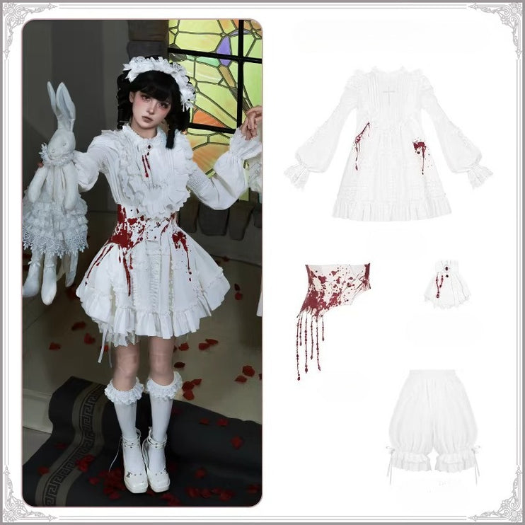 Gothic Lolita White Dresses with Bloody Accents, Delicate Lace and Charming Design