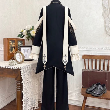 Modern Gothic Prince Suit – Courtly Black Jacket with Embroidered Sash and Ruffled Blouse