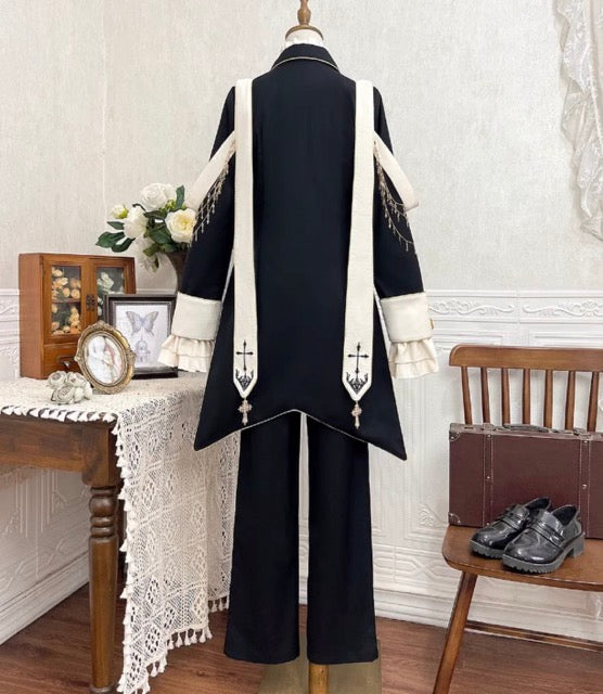 Modern Gothic Prince Suit – Courtly Black Jacket with Embroidered Sash and Ruffled Blouse