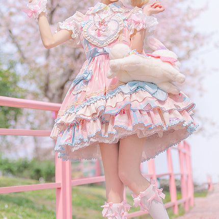 Icing Sweetheart JSK Pastel Tiered Lolita Dress with Lace Trimmings And Big Bow