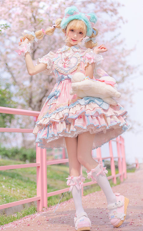 Icing Sweetheart JSK Pastel Tiered Lolita Dress with Lace Trimmings And Big Bow