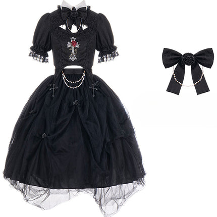 Gothic Black Rose Embroidery Cut-Out Blouse with Asymmetrical Lolita Dress Set