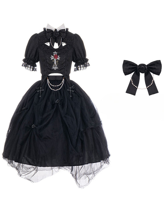 Gothic Black Rose Embroidery Cut-Out Blouse with Asymmetrical Lolita Dress Set