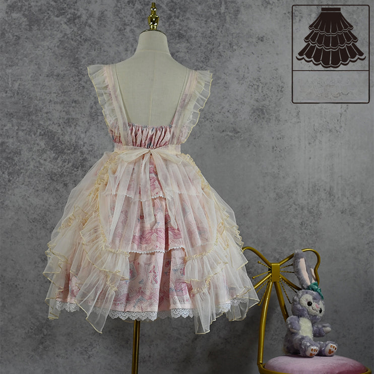 Serene Blossom Lolita Dress - Dual-Style Apron Overlay JSK with Floral and Lace Accents