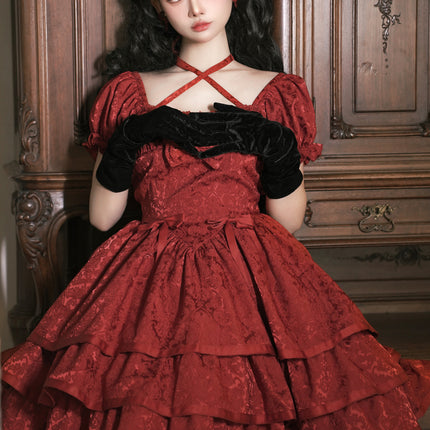 Thorn Rose Lolita Dress Short Sleeve OP Triple-Layer Puffy Skirt Red Lolita Dress