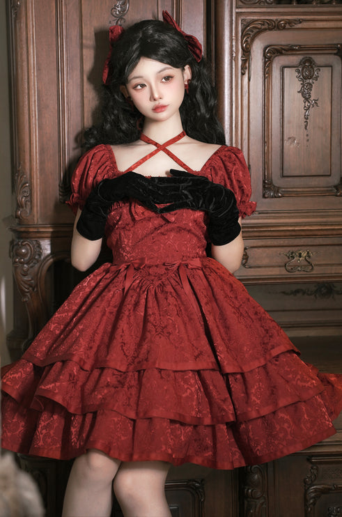 Thorn Rose Lolita Dress Short Sleeve OP Triple-Layer Puffy Skirt Red Lolita Dress