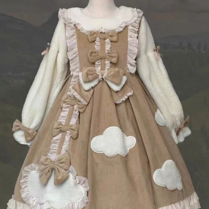 S-2XL Cloudy Dreams Lolita Dress - Cozy Cloud Appliqué OP for Autumn and Winter