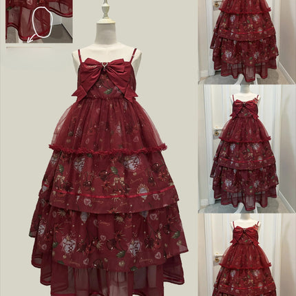S-2XL Cherry Blossom Delight Lolita Dress – Sweet Vintage Print JSK/OP in Black, Red, Gray & White