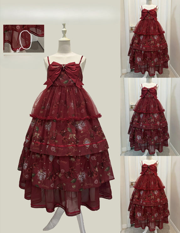 S-2XL Cherry Blossom Delight Lolita Dress – Sweet Vintage Print JSK/OP in Black, Red, Gray & White