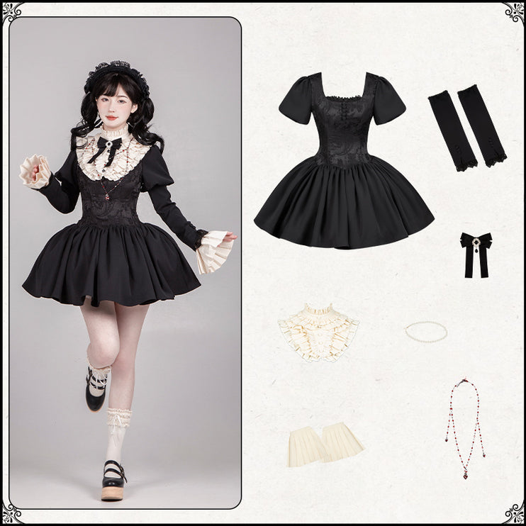 Black & Cream Whimsical Lolita Dress – Adjustable Bows & Multi-Tiered Lace Skirt