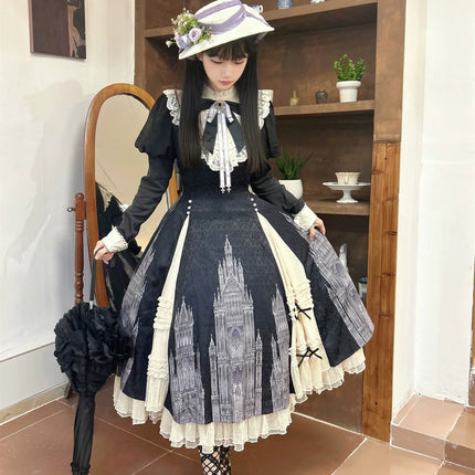 Gothic - inspired Lolita Dress with Cathedral Prints, Lace Trims and Delicate Bow