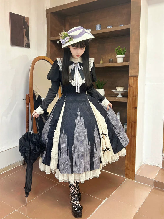 Gothic - inspired Lolita Dress with Cathedral Prints, Lace Trims and Delicate Bow