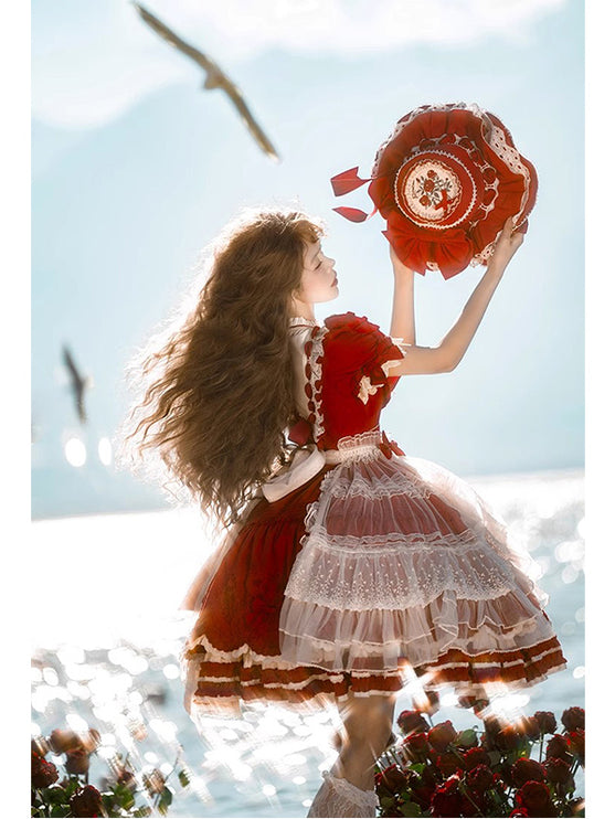Elegant Country Style Red Lolita OP with Whimsical Embroidery and Ruffled Trims