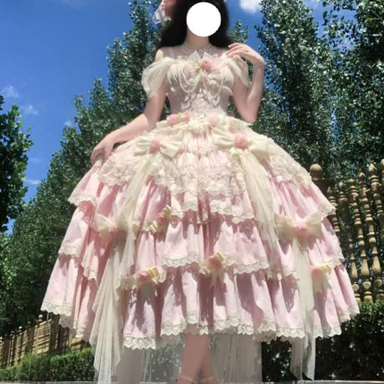 Pink Lolita Maxi Dress with Delicate Lace and Flower Embellishments, Ideal for Tea - Party Occasions