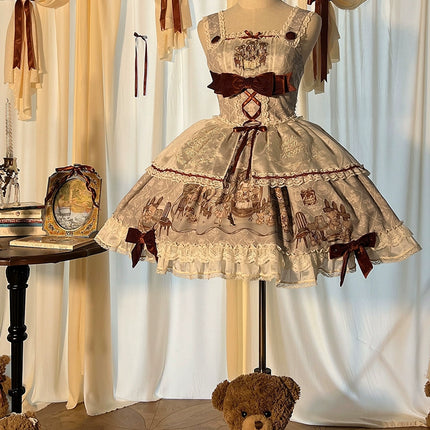 Lolita Bear Castle Doll-like True Waist JSK Jumper Dress