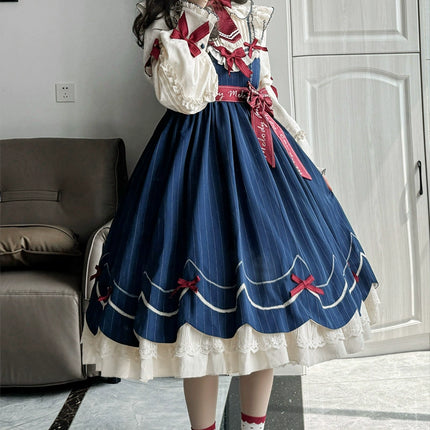 Aristocratic Elegance Lolita Dress - Pinstripe OP with Ribbon Belt and Lace Accents