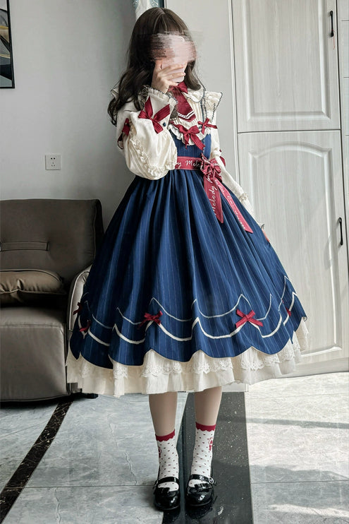 Aristocratic Elegance Lolita Dress - Pinstripe OP with Ribbon Belt and Lace Accents