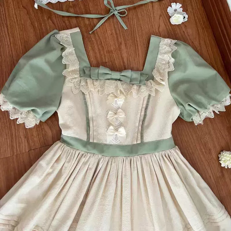 Sage Blossom Lolita Dress - Cottagecore Ruffled OP with Pastel Green Accents