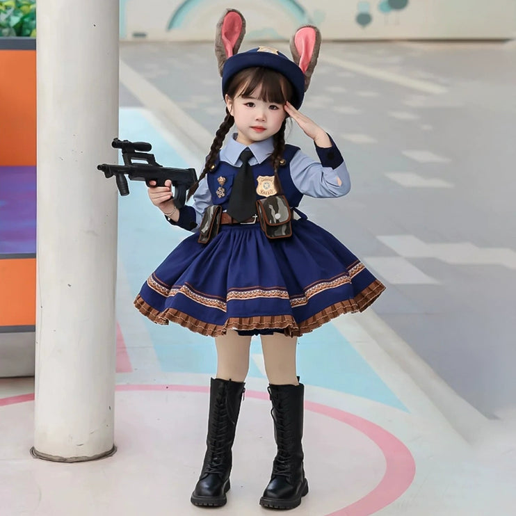 Rabbit Police Officer Lolita Dress for Girls - Navy Blue Whimsical Princess Costume