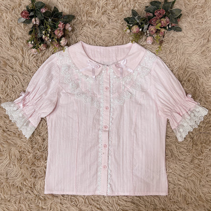 Lolita Dress Summer Peter Pan Collar Short Sleeve Cotton Shirt, White/ Black