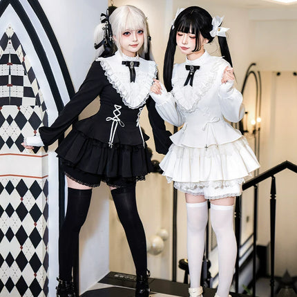 Gothic Lolita Dress with White Lace Collar, Long Sleeves and Lace - up Details