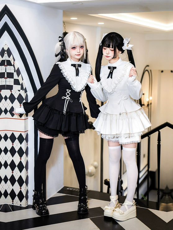 Gothic Lolita Dress with White Lace Collar, Long Sleeves and Lace - up Details
