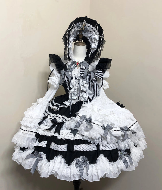 Gothic Aristocrat Lolita Dress - Victorian Black and White Ruffled Doll OP with Cape and Bonnet