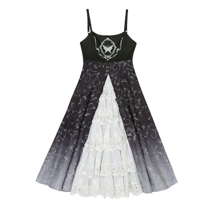 Gothic Victorian Lolita Set – High-Neck Lace Blouse & Gradient Layered JSK with Embroidered Bodice and Ruffled Sleeves