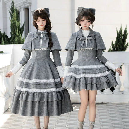 Two - piece Lolita dresses with capes, ruffled tiers and cute bowknots for a charming look
