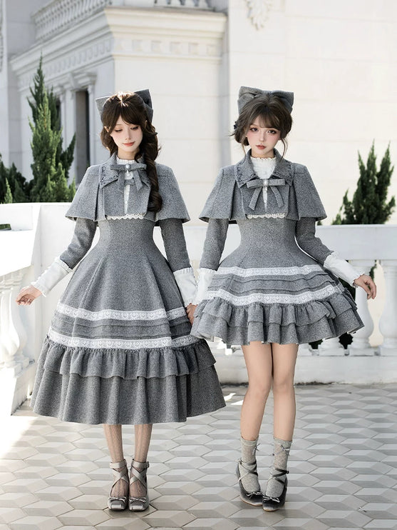 Two - piece Lolita dresses with capes, ruffled tiers and cute bowknots for a charming look