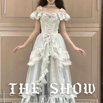 Off - the - shoulder Lolita Gown with Intricate Lace and Multiple Tiers of Ruffles