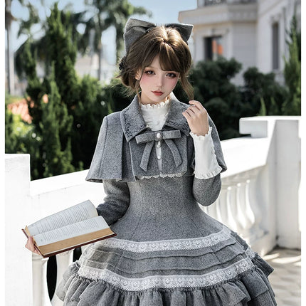 Two - piece Lolita dresses with capes, ruffled tiers and cute bowknots for a charming look
