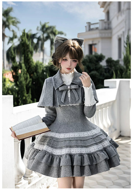 Two - piece Lolita dresses with capes, ruffled tiers and cute bowknots for a charming look
