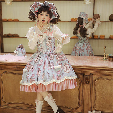 Enchanting Pastel Green Animal Illustration Lolita Jumper Skirt (JSK) Dress