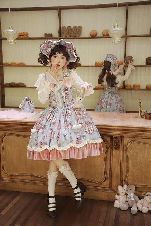 Enchanting Pastel Green Animal Illustration Lolita Jumper Skirt (JSK) Dress
