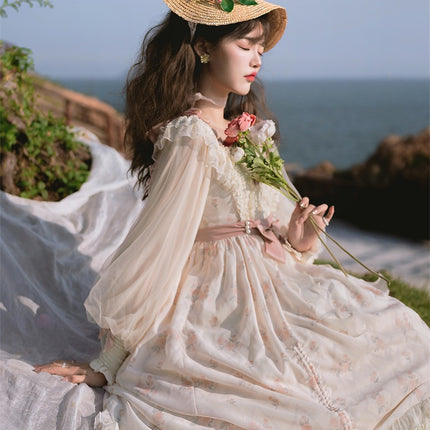 Elegant Cream Lolita Dress with Floral Embroidery and Ruffled Skirt