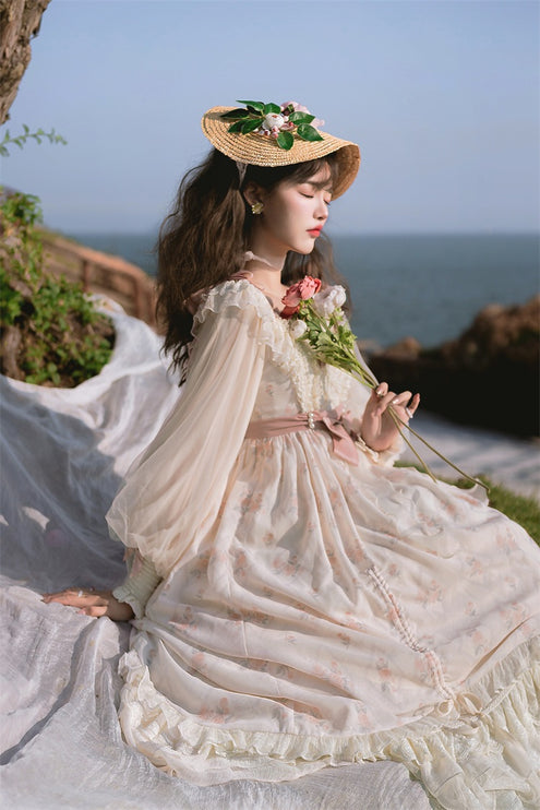 Elegant Cream Lolita Dress with Floral Embroidery and Ruffled Skirt