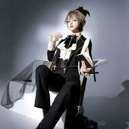 Modern Gothic Prince Suit – Courtly Black Jacket with Embroidered Sash and Ruffled Blouse