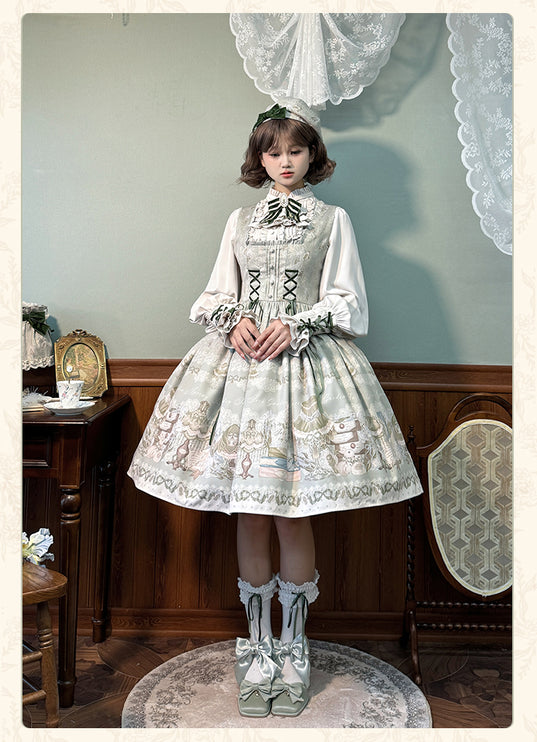 Whimsical Floral Lolita Dress – Tiered Skirt with Detachable Bows & Crisscross Ribbon Details