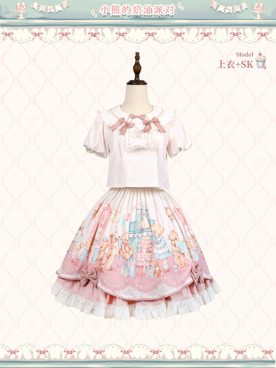 Teddy Bear's Cream Party Sweet Lolita JSK with Lace and Ribbon Accents