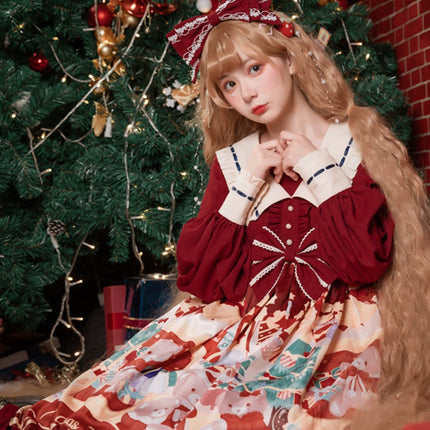 Christmas Teddy Lolita OP: Sweet High-Waist Princess Dress