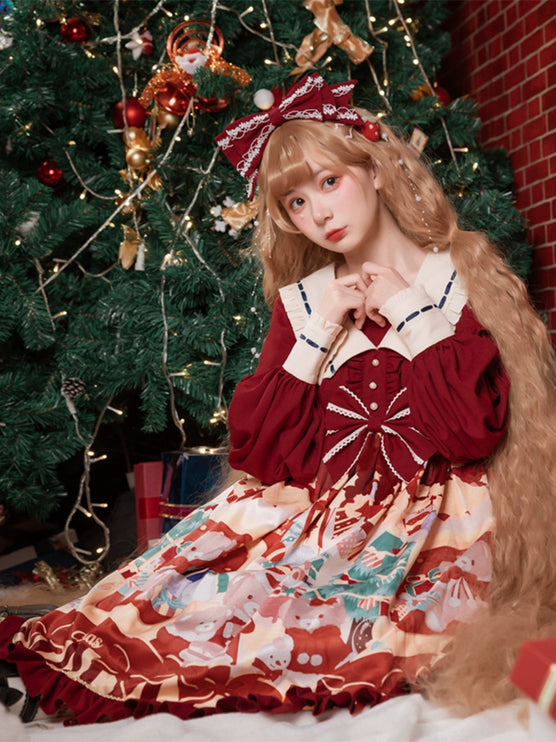 Christmas Teddy Lolita OP: Sweet High-Waist Princess Dress