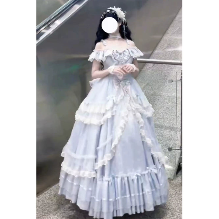 Elegant Light - Blue Off - the - Shoulder Lolita Dress: Ruffled and Bow - adorned