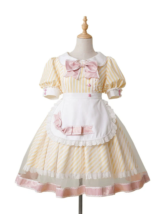 Lemonade Striped Puff-Sleeve Sweet Lolita Dress with Pink Bowknot & Lace Apron